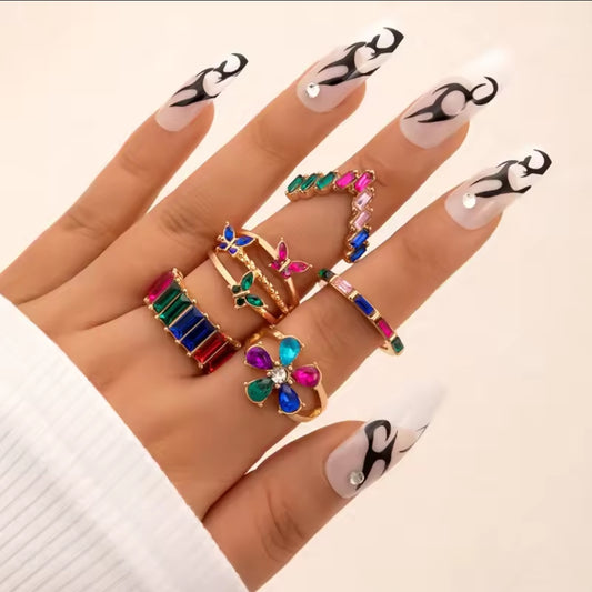 5pcs Colorful Rhinestone Ring Set Fashion Jewelry Accessories Gifts