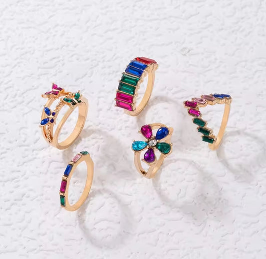 5pcs Colorful Rhinestone Ring Set Fashion Jewelry Accessories Gifts