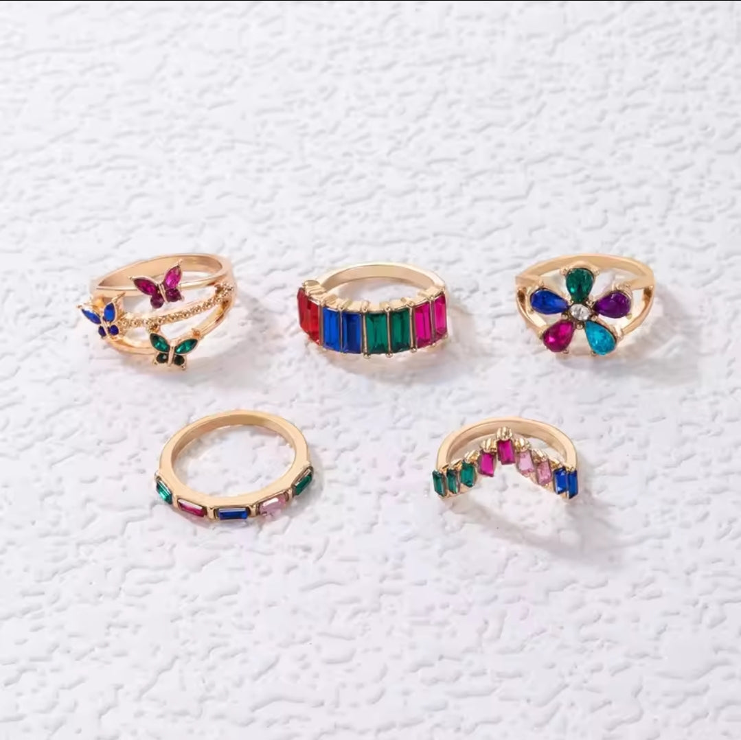 5pcs Colorful Rhinestone Ring Set Fashion Jewelry Accessories Gifts