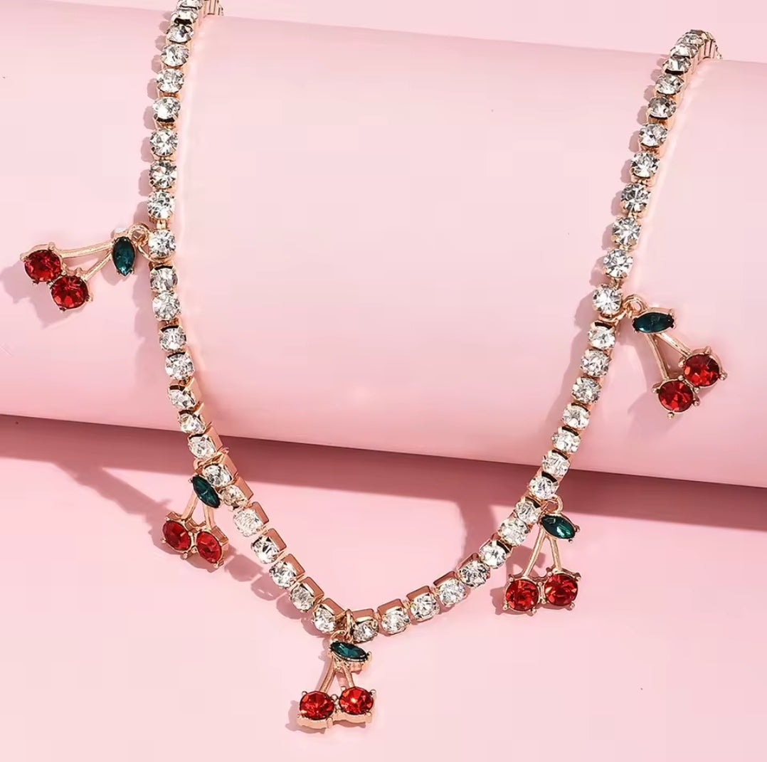 Rhinestone Cherry chain necklace women jewelry