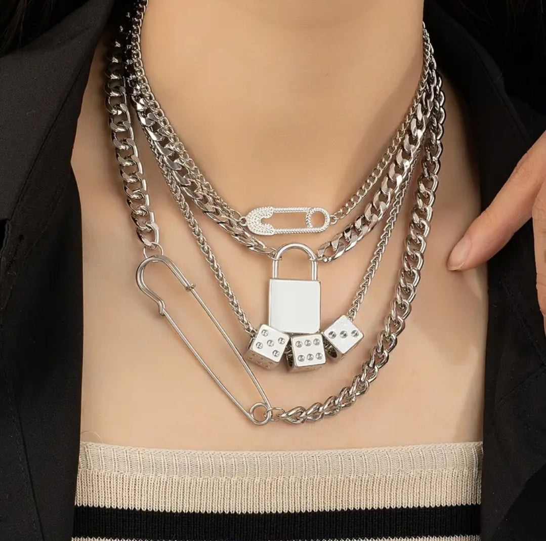 Punk Style Dice Safety Pin Chain Necklace Choker jewelry women gifts