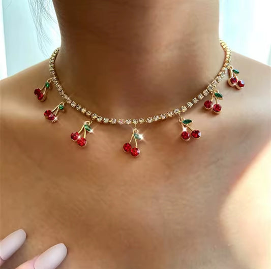 Rhinestone Cherry chain necklace women jewelry