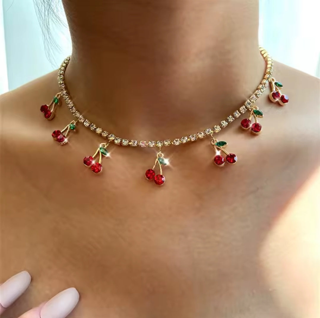 Rhinestone Cherry chain necklace women jewelry